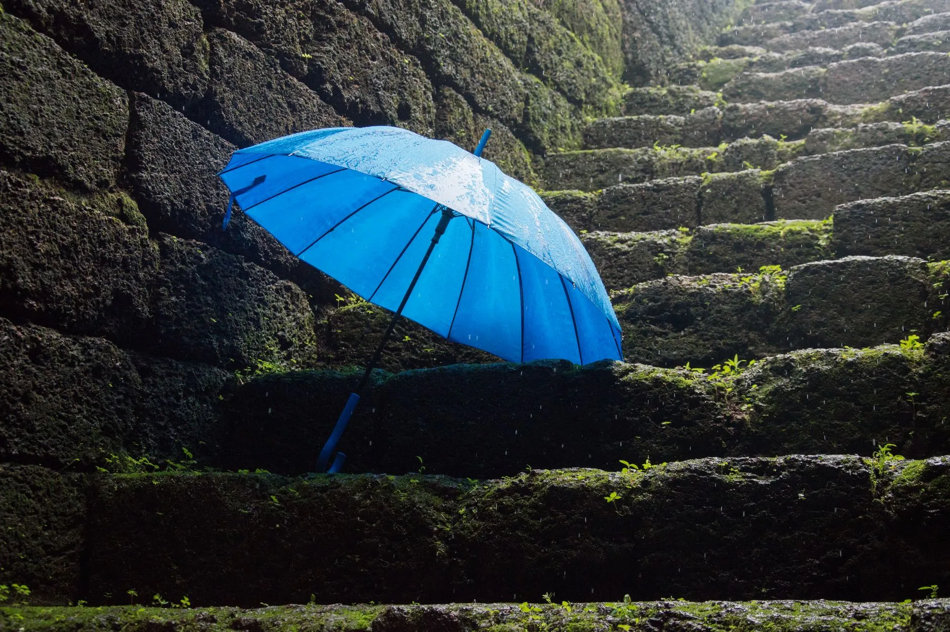 Rue pavée d'Angra do Heroísmo sous la pluie avec parapluie coloré